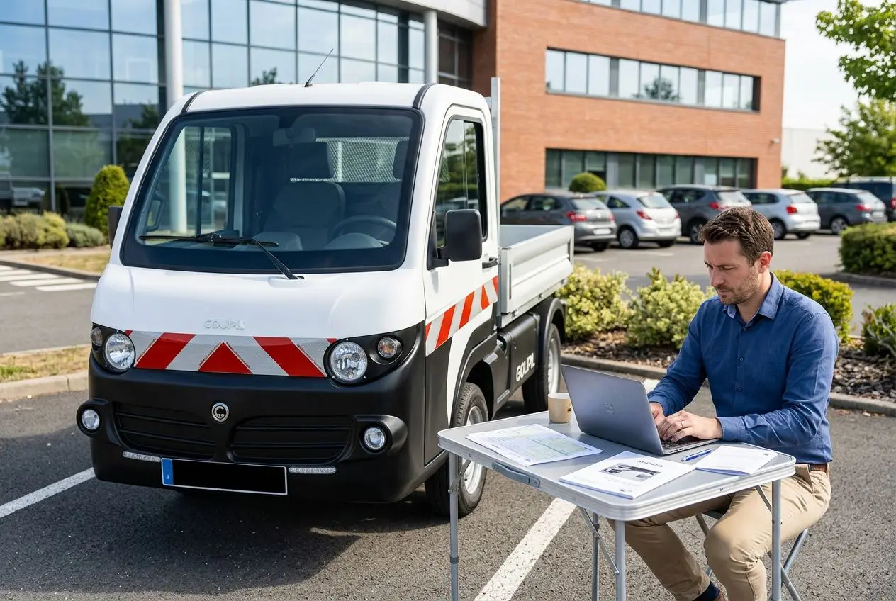 Véhicule utilitaire sans permis Goupil stationné pendant l'immatriculation en ligne sur l'ANTS.