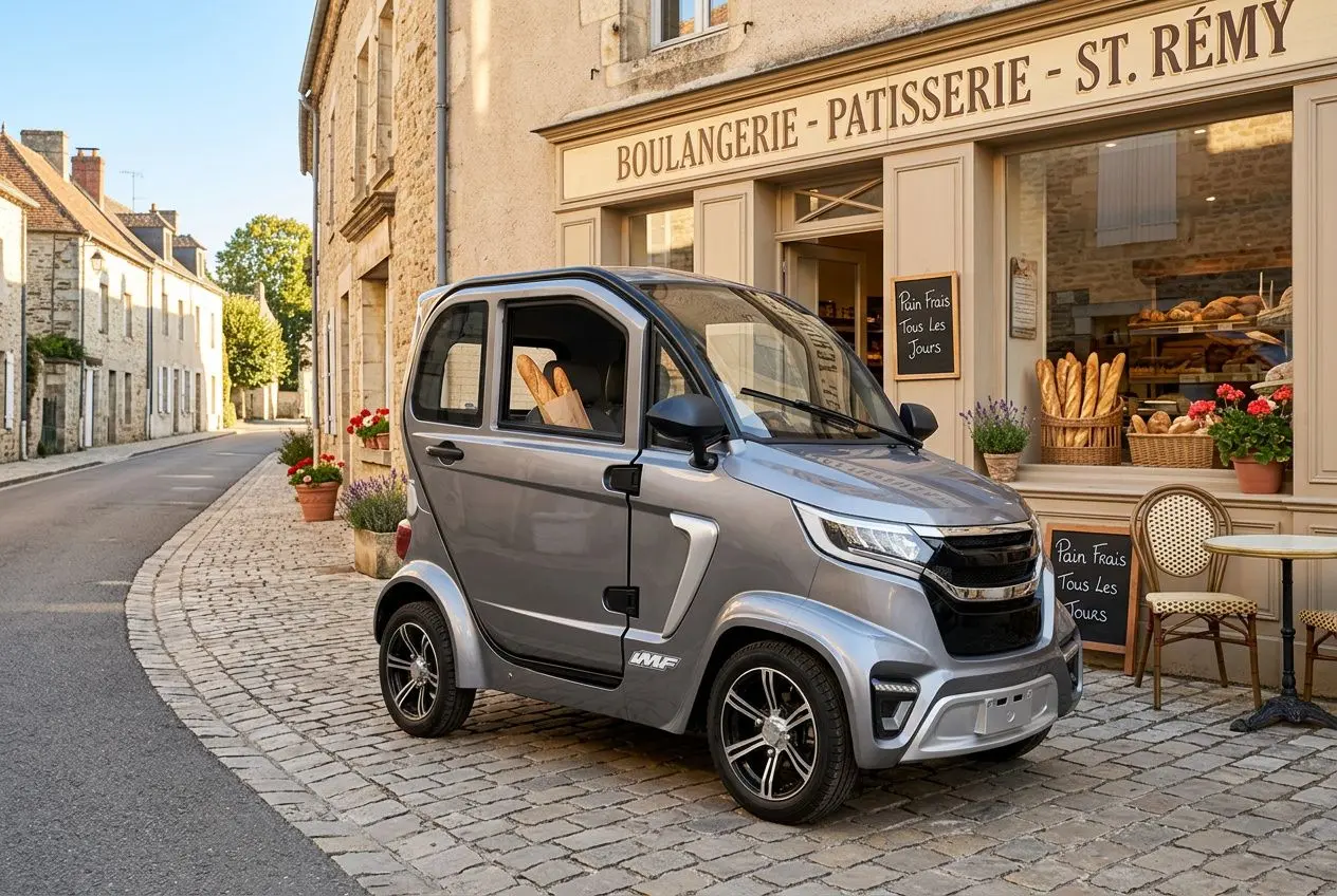 Voiture électrique sans permis grise garée devant une boulangerie de village par beau temps.