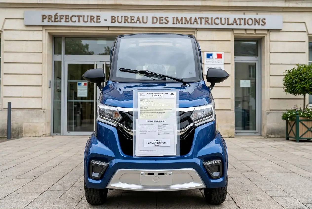 Voiture sans permis bleue garée devant une préfecture avec des documents d'immatriculation posés sur le capot.