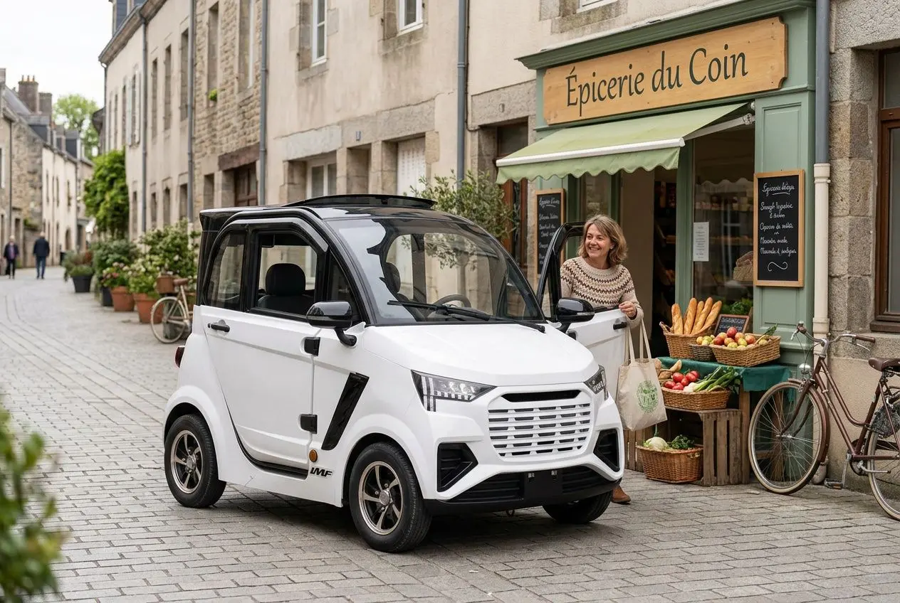 Voiture sans permis électrique blanche garée dans une rue urbaine calme près d'une épicerie.