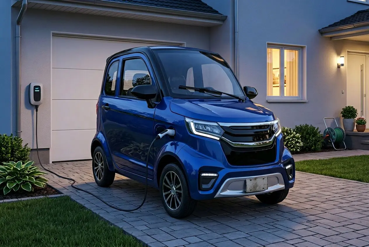 Voiturette électrique bleue branchée en charge dans un garage résidentiel.
